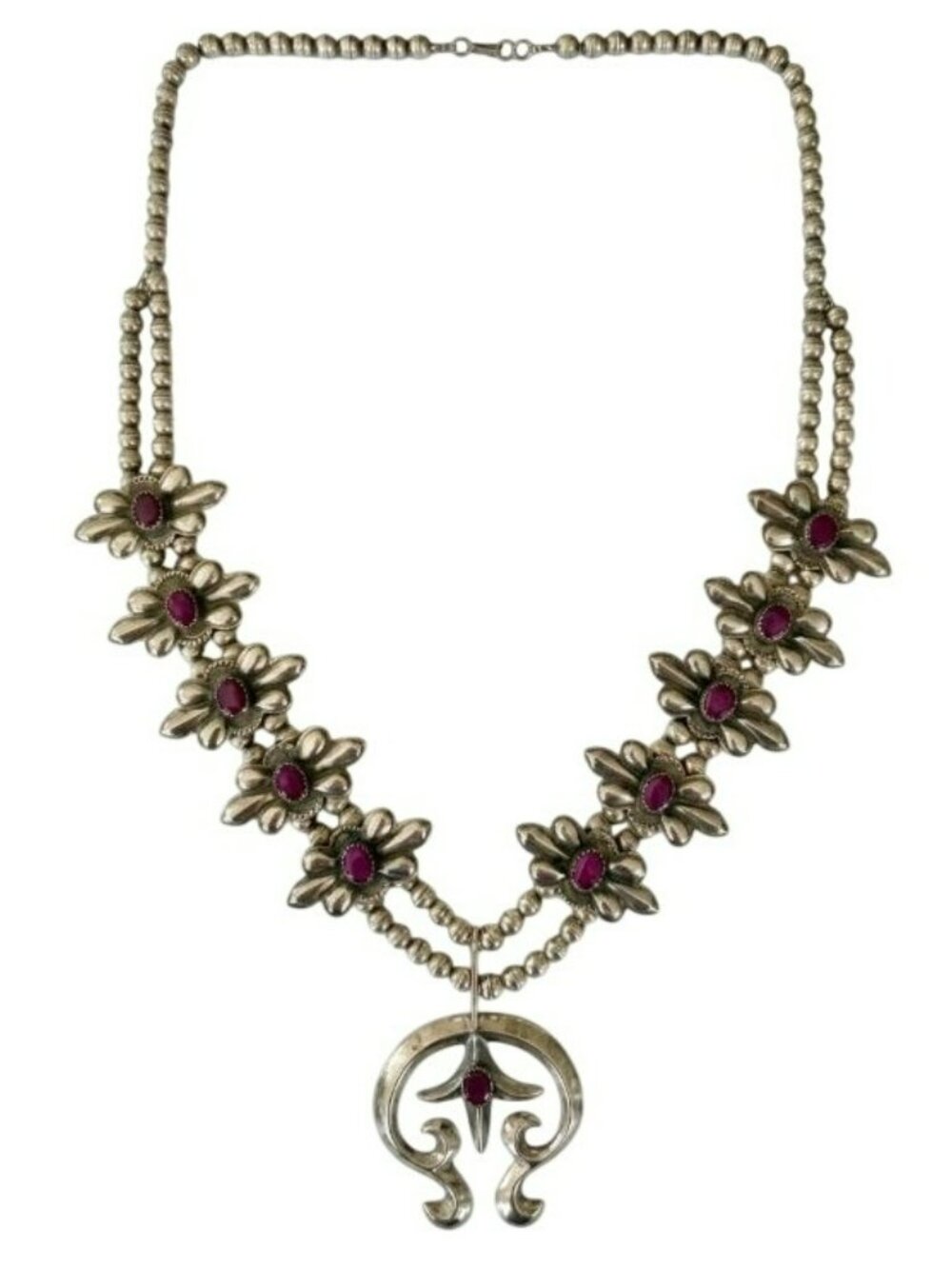 Navajo Squash Blossom Necklace Purple Spiny Oyster Sterling Robert Johnson SIGNE - Picture 9 of 11